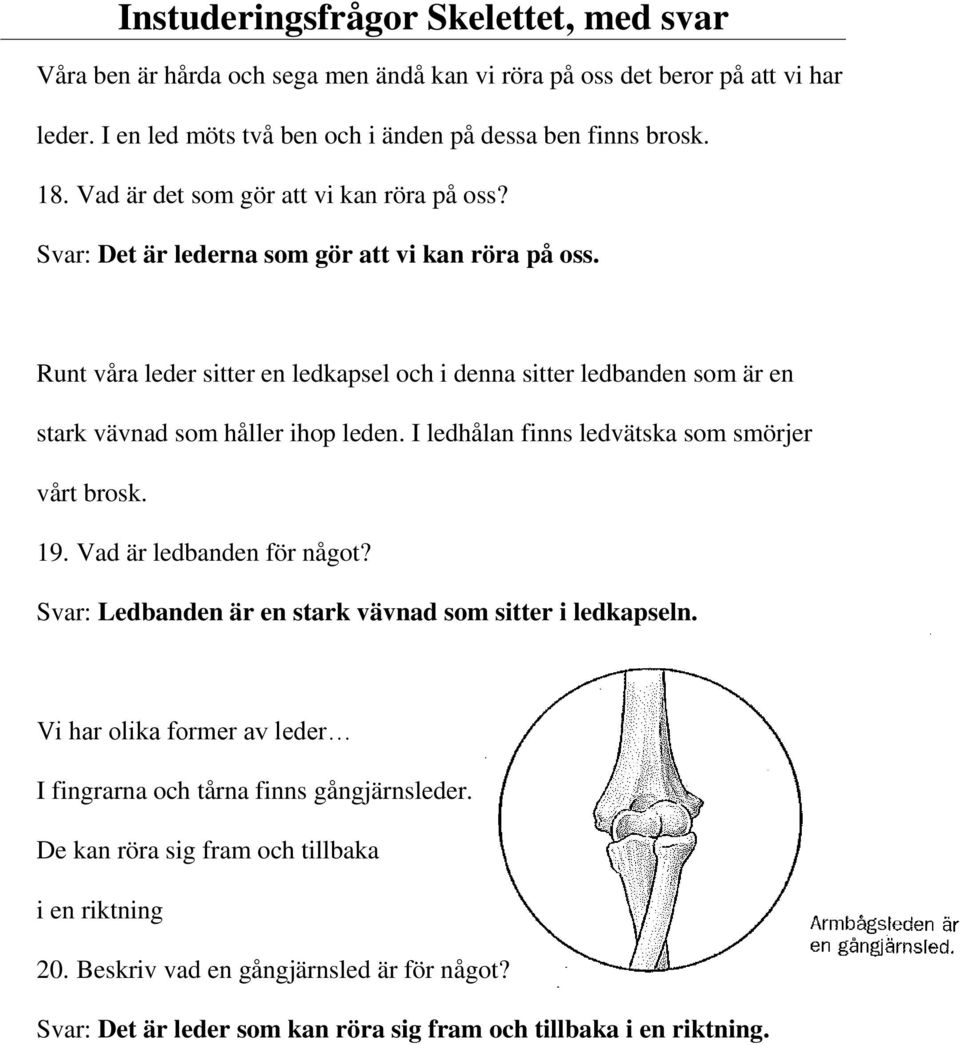 Runt våra leder sitter en ledkapsel och i denna sitter ledbanden som är en stark vävnad som håller ihop leden. I ledhålan finns ledvätska som smörjer vårt brosk. 19.