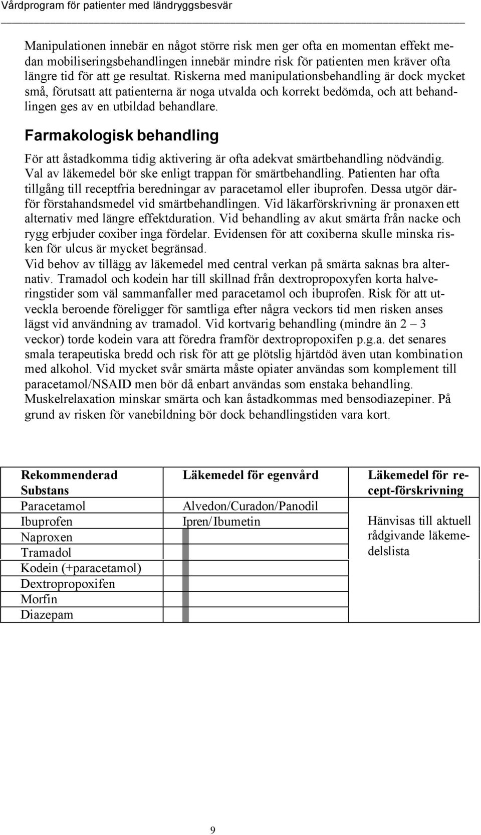 Farmakologisk behandling För att åstadkomma tidig aktivering är ofta adekvat smärtbehandling nödvändig. Val av läkemedel bör ske enligt trappan för smärtbehandling.