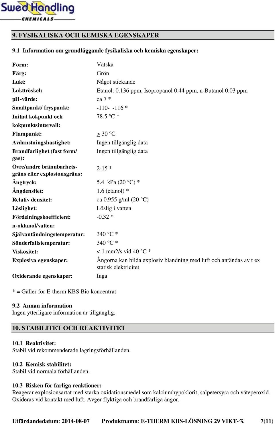 Något stickande Etanol: 0.136 ppm, Isopropanol 0.44 ppm, n-butanol 0.03 ppm ca 7 * -110- -116 * 78.