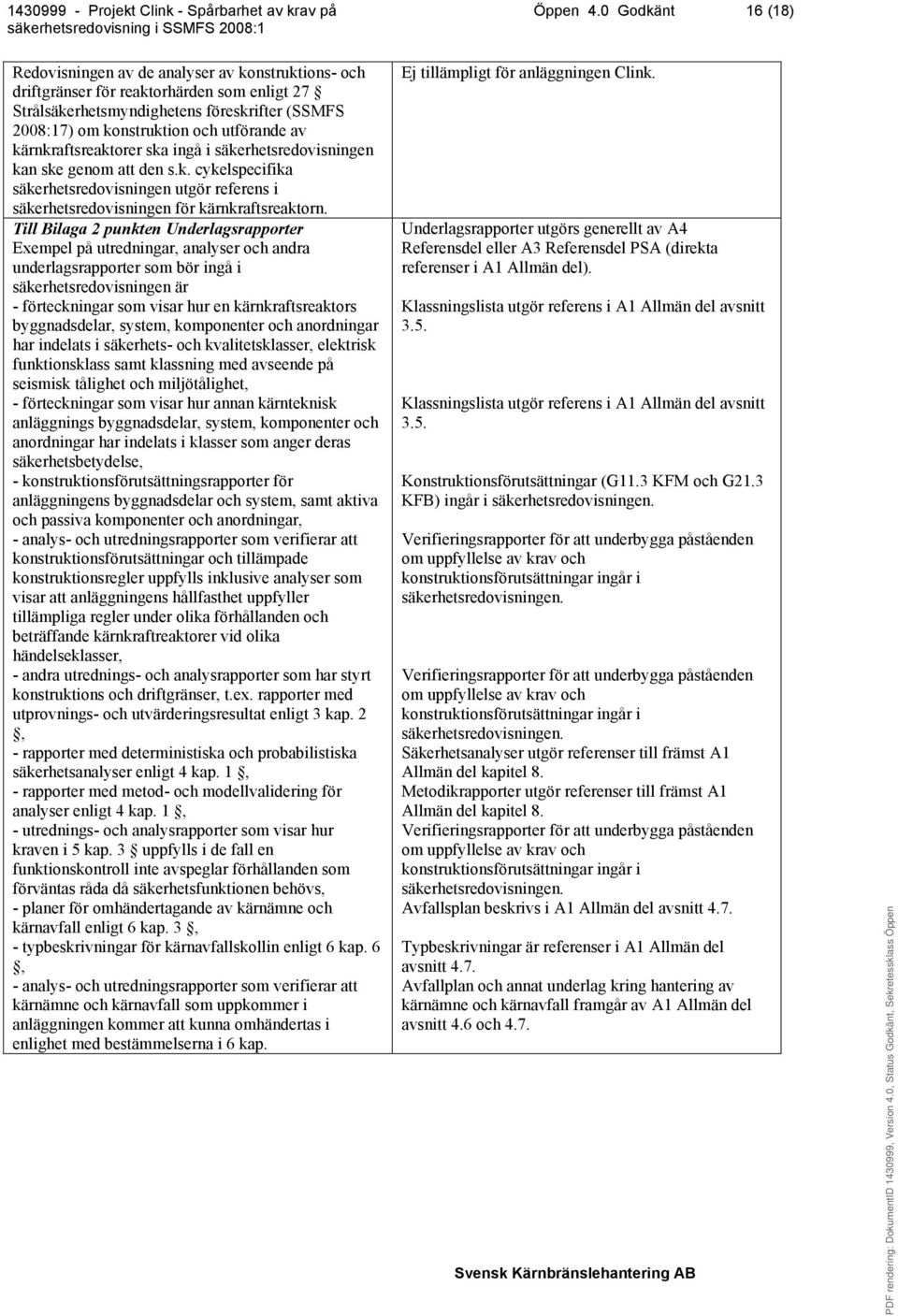 Till Bilaga 2 punkten Underlagsrapporter Exempel på utredningar, analyser och andra underlagsrapporter som bör ingå i säkerhetsredovisningen är - förteckningar som visar hur en kärnkraftsreaktors