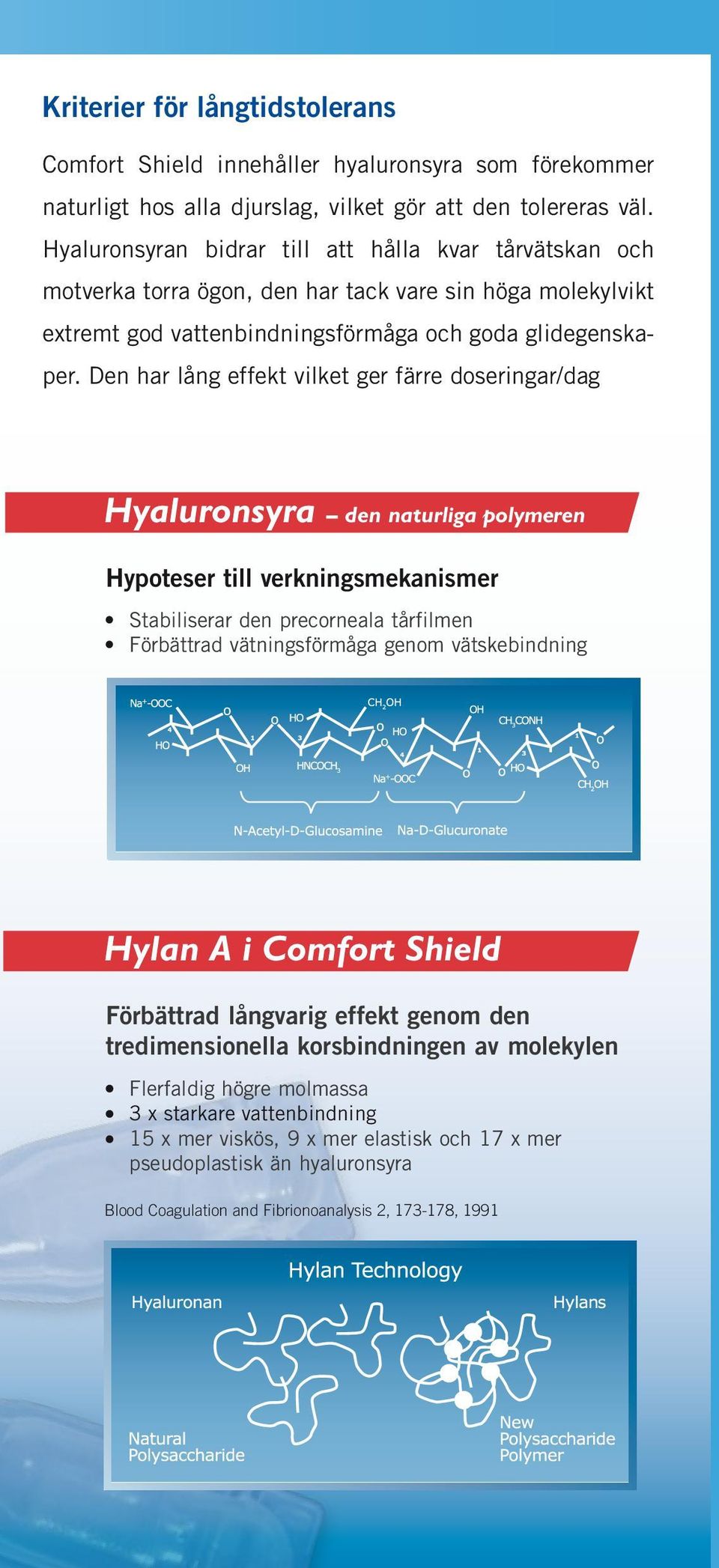 Den har lång effekt vilket ger färre doseringar/dag Hyaluronsyra den naturliga polymeren Hypoteser till verkningsmekanismer Stabiliserar den precorneala tårfilmen Förbättrad vätningsförmåga genom