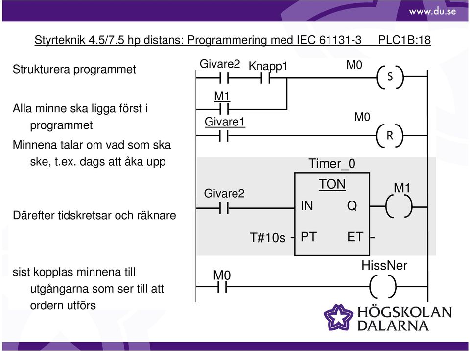 S Alla minne ska ligga först i programmet Minnena talar om vad som ska M1 Givare1 M0 R ske, t.