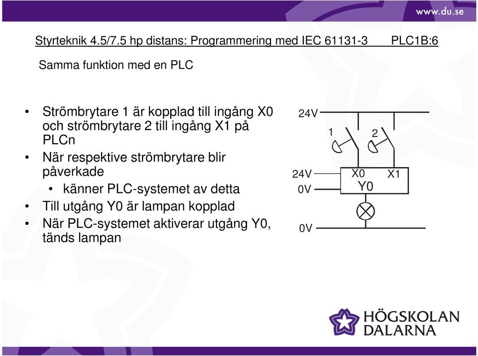 Strömbrytare 1 är kopplad till ingång 24V och strömbrytare 2 till ingång på 1 2 PLCn