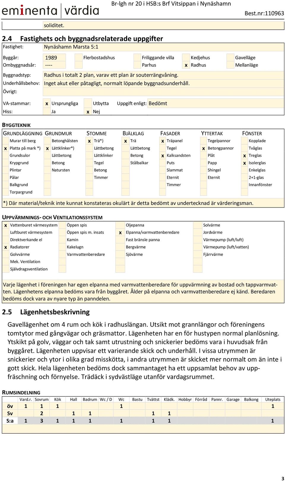 Byggnadstyp: Radhus i totalt 2 plan, varav ett plan är souterrängvåning. Underhållsbehov: Inget akut eller påtagligt, normalt löpande byggnadsunderhåll.