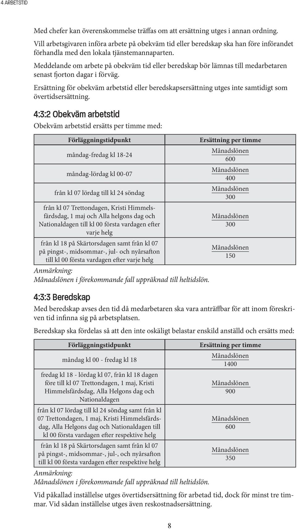 Meddelande om arbete på obekväm tid eller beredskap bör lämnas till medarbetaren senast fjorton dagar i förväg.