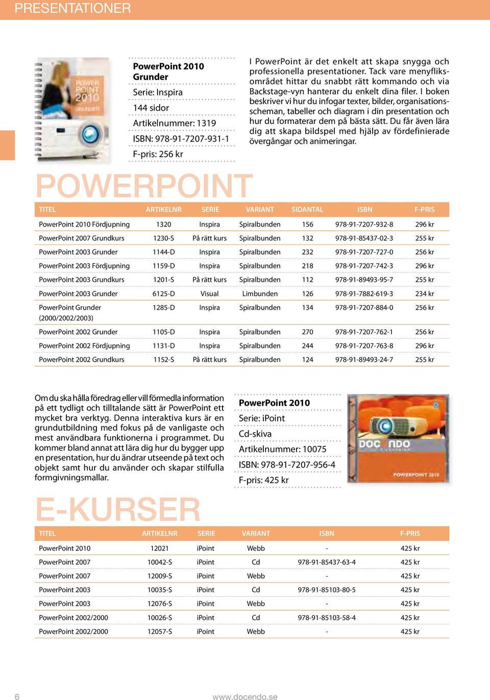 kurs Spiralbunden 112 978-91-89493-95-7 255 kr PowerPoint 2003 Grunder 6125-D Visual Limbunden 126 978-91-7882-619-3 234 kr PowerPoint Grunder (2000/2002/2003) PowerPoint 2010 Grunder Serie: Inspira