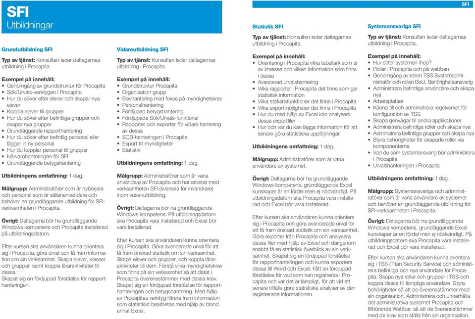 personal till grupper Närvarohanteringen för SFI Grundläggande betygshantering Vidareutbildning SFI Grundstruktur Procapita Organisation grupp Elevhantering med fokus på myndighetskrav