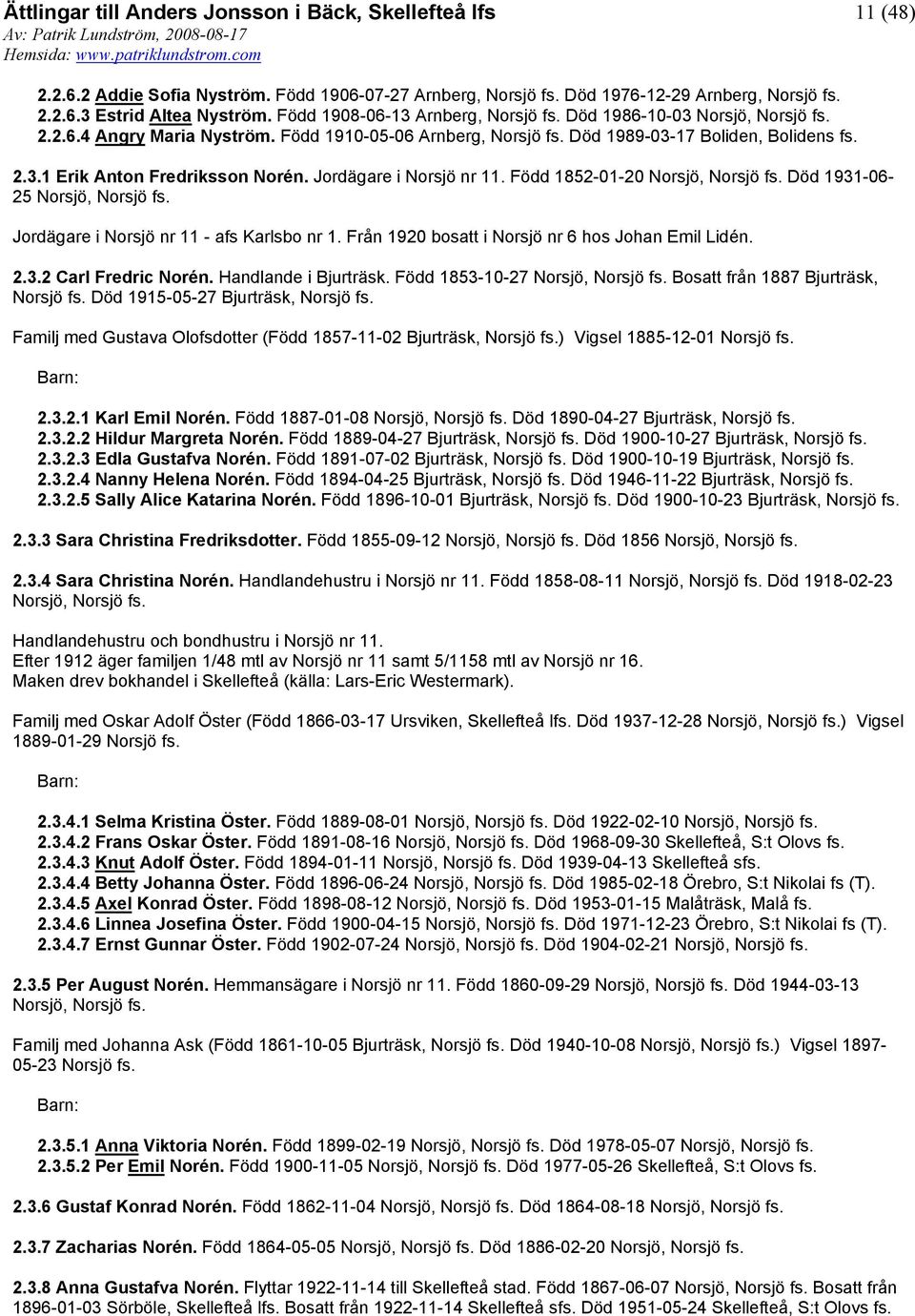 Född 1852-01-20 Norsjö, Död 1931-06- 25 Norsjö, Jordägare i Norsjö nr 11 - afs Karlsbo nr 1. Från 1920 bosatt i Norsjö nr 6 hos Johan Emil Lidén. 2.3.2 Carl Fredric Norén. Handlande i Bjurträsk.