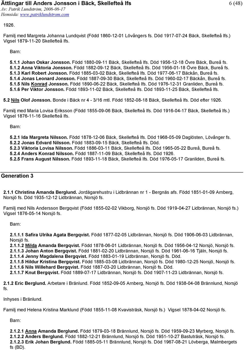 Född 1885-03-02 Bäck, Skellefteå lfs. Död 1977-06-17 Bäckån, Bureå fs. 5.1.4 Jonas Leonard Jonsson. Född 1887-09-30 Bäck, Skellefteå lfs. Död 1960-02-17 Bäckån, Bureå fs. 5.1.5 Nils Konrad Jonsson.