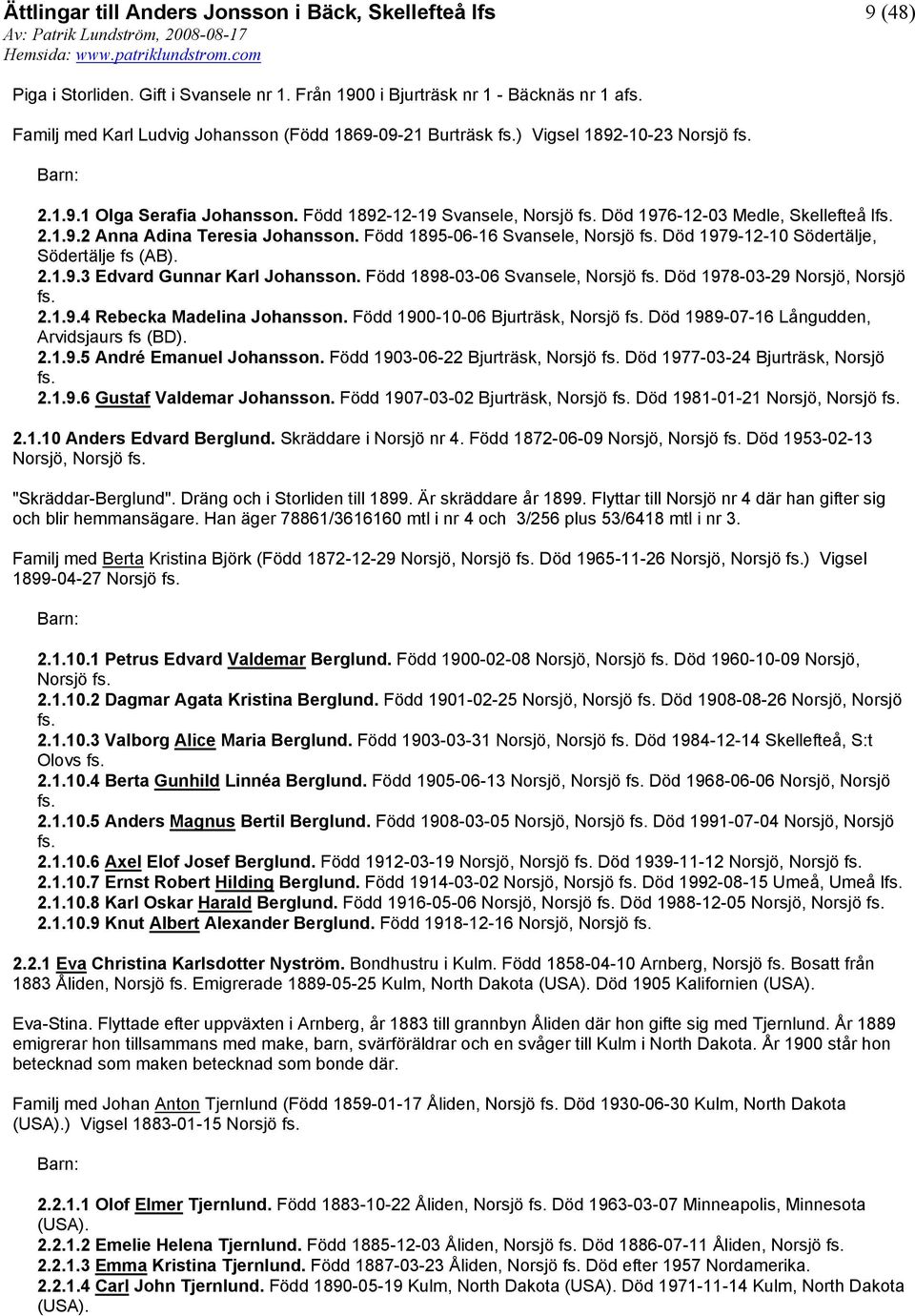 Född 1898-03-06 Svansele, Död 1978-03-29 Norsjö, Norsjö fs. 2.1.9.4 Rebecka Madelina Johansson. Född 1900-10-06 Bjurträsk, Död 1989-07-16 Långudden, Arvidsjaurs fs (BD). 2.1.9.5 André Emanuel Johansson.