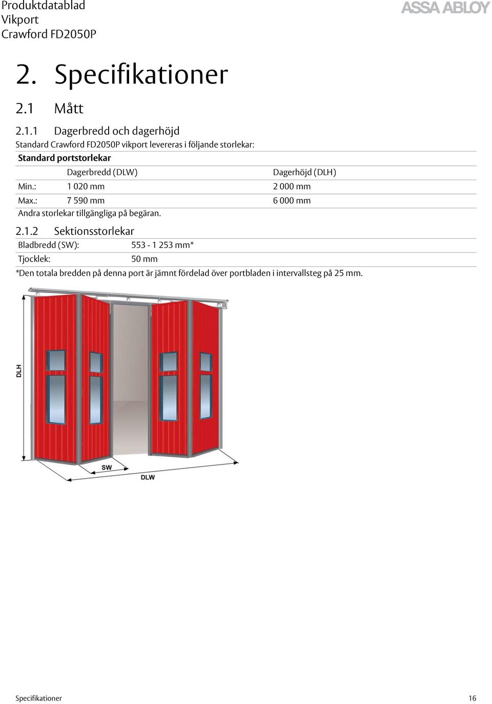 1 Dagerbredd och dagerhöjd Standard vikport levereras i följande storlekar: Standard portstorlekar
