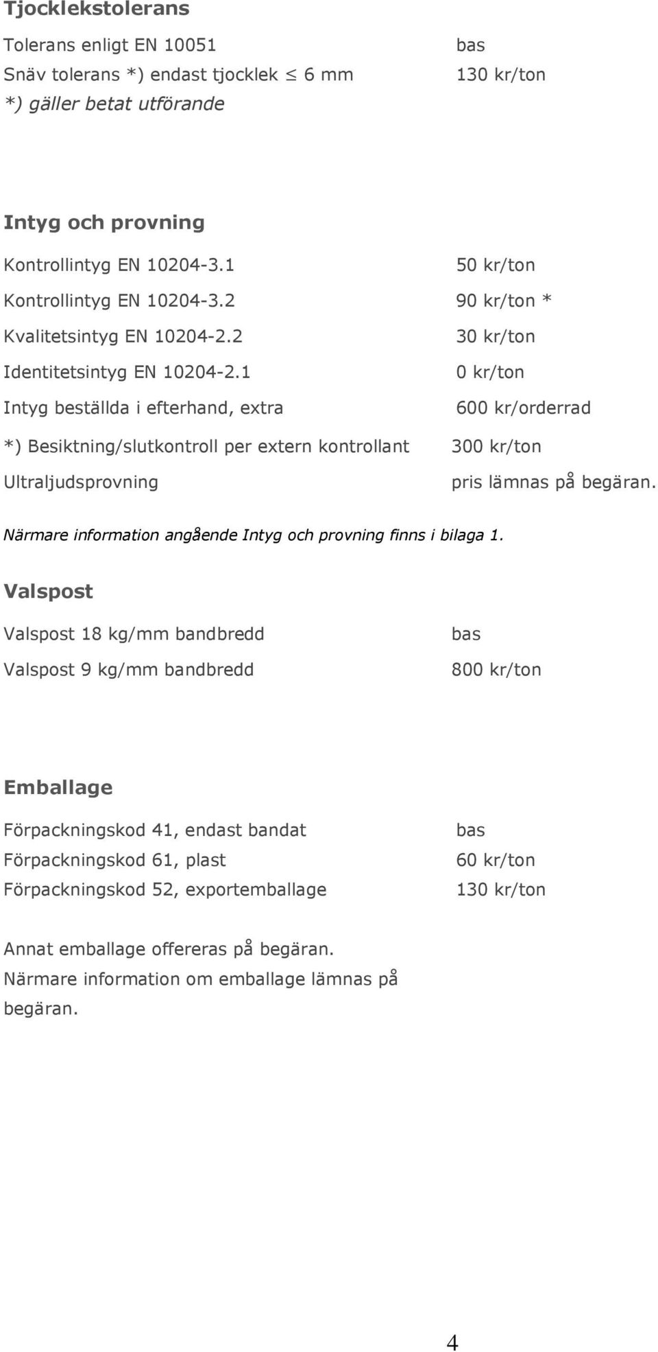 1 Intyg beställda i efterhand, extra 30 0 600 kr/orderrad *) Besiktning/slutkontroll per extern kontrollant 300 Ultraljudsprovning pris lämnas på begäran.