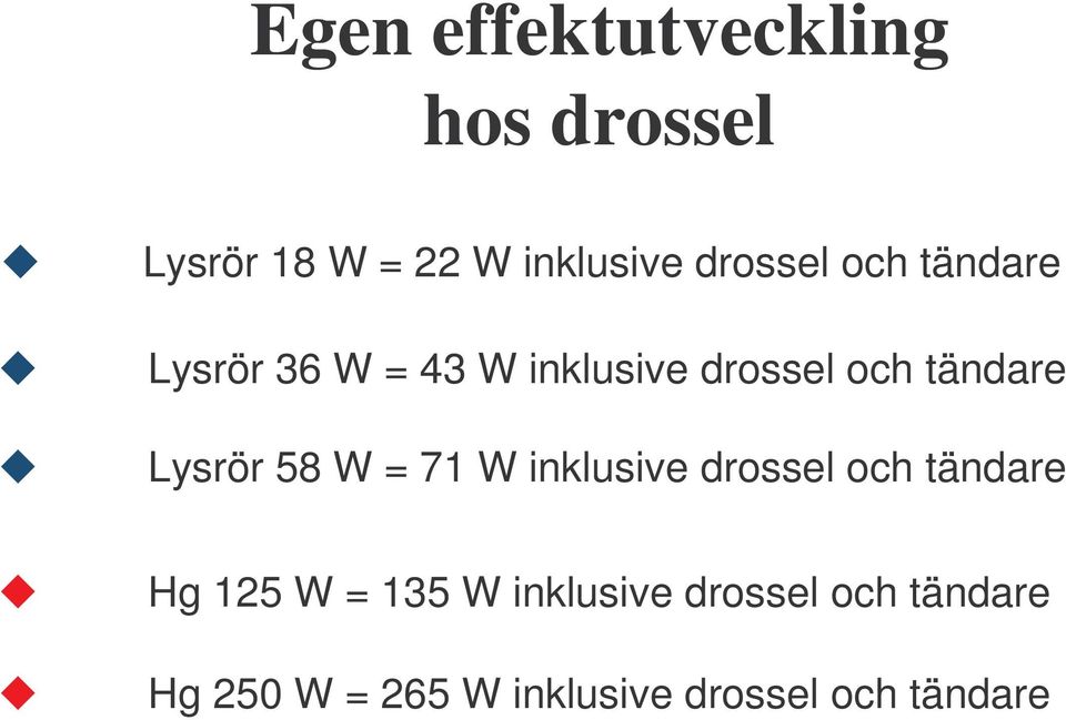 Lysrör 58 W = 71 W inklusive drossel och tändare Hg 125 W = 135 W