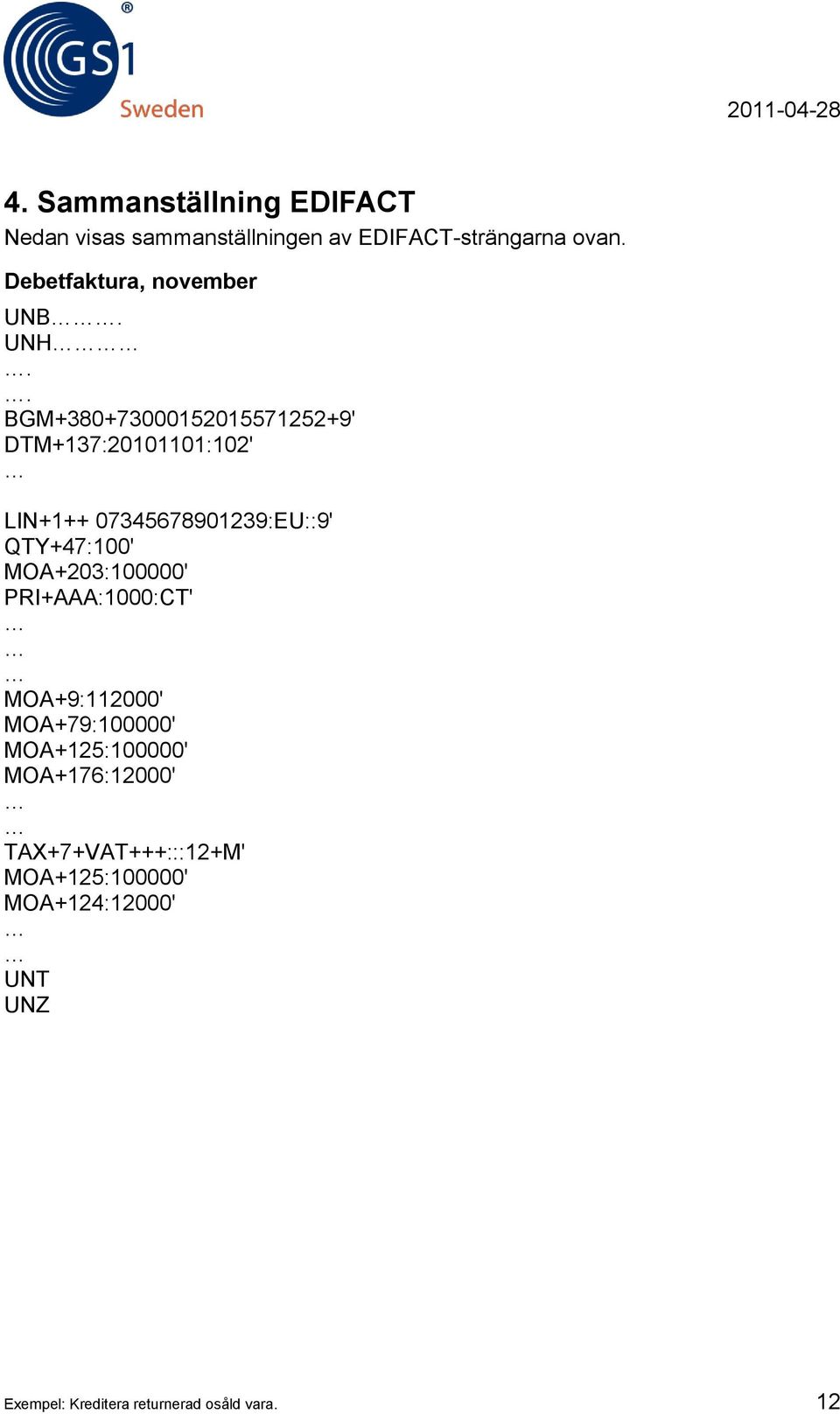 . BGM+380+73000152015571252+9' DTM+137:20101101:102' LIN+1++ 07345678901239:EU::9' QTY+47:100'