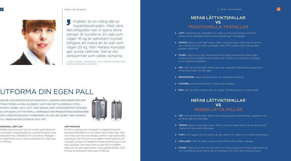 Det är din verksamhet som sätter ramarna LINDA YNGDÉN, MARKNADS- OCH FÖRSÄLJNINGSCHEF, NEFAB PACKAGING SWEDEN NEFAB LÄTTVIKTSPALLAR VS TRADITIONELLA TRÄPALLAR LÄTT: Helpallsformat 1200x800 mm väger