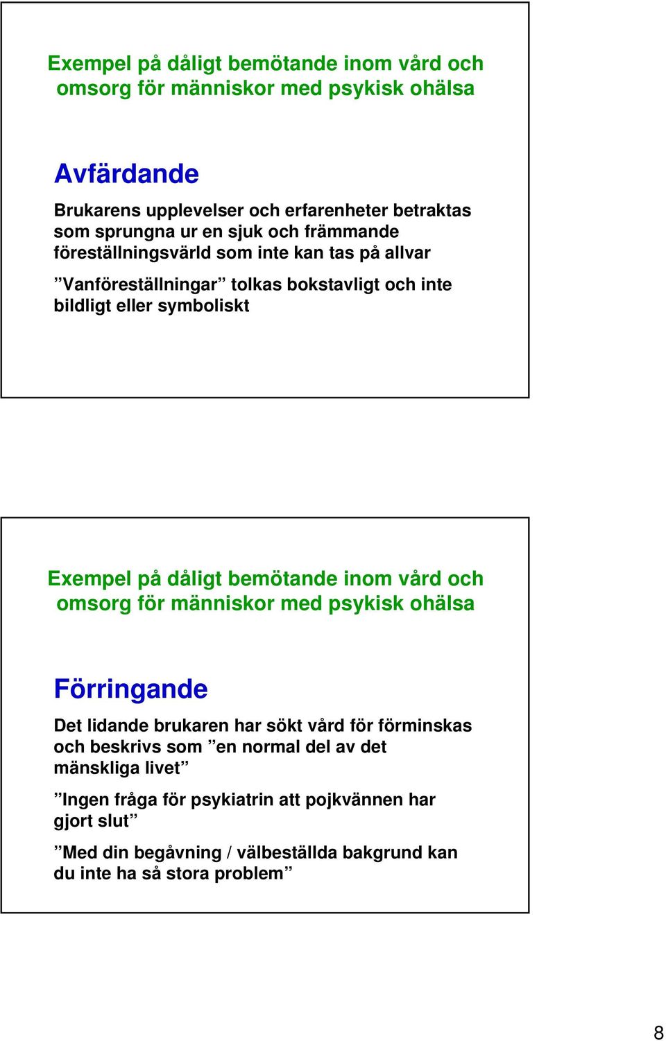 på dåligt bemötande inom vård och Förringande Det lidande brukaren har sökt vård för förminskas och beskrivs som en normal del av det