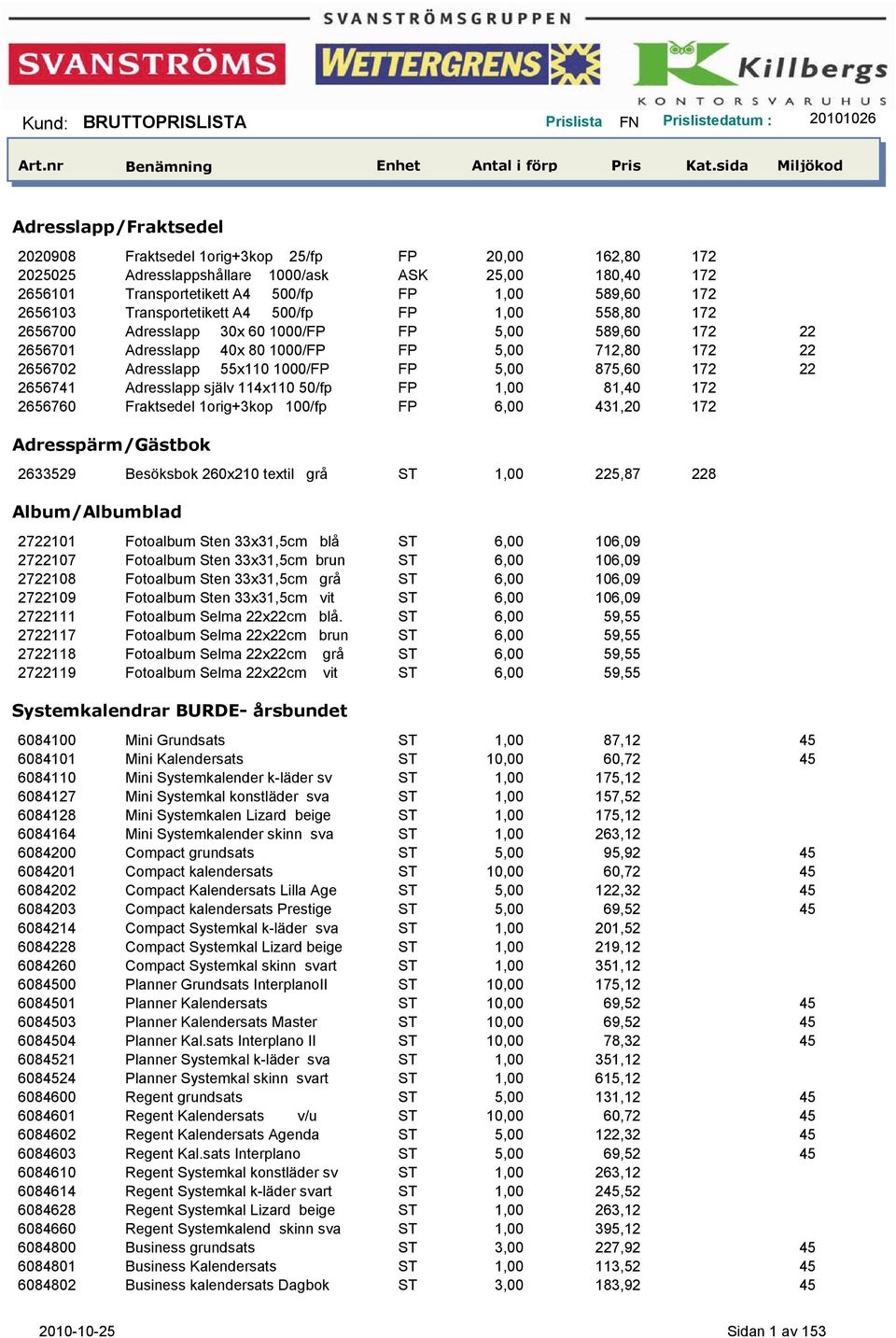 875,60 172 22 2656741 Adresslapp själv 114x110 50/fp FP 1,00 81,40 172 2656760 Fraktsedel 1orig+3kop 100/fp FP 6,00 431,20 172 Adresspärm/Gästbok 2633529 Besöksbok 260x210 textil grå ST 1,00 225,87