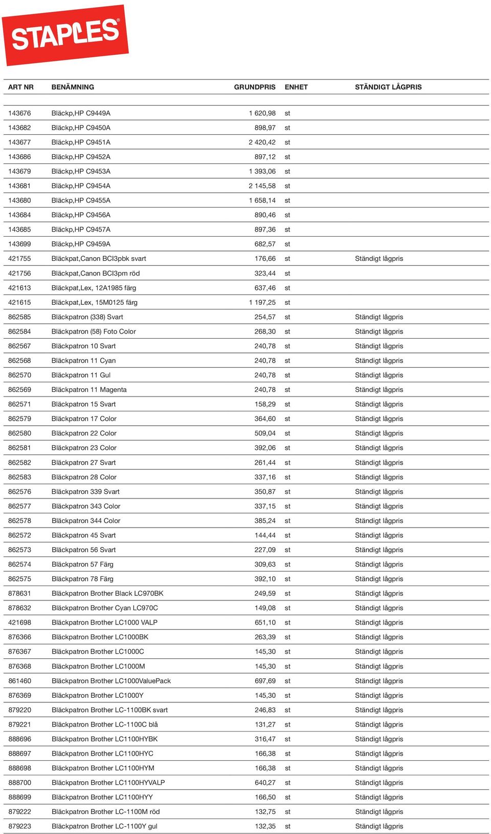 Ständigt lågpris 421756 Bläckpat,Canon BCI3pm röd 323,44 st 421613 Bläckpat,Lex, 12A1985 färg 637,46 st 421615 Bläckpat,Lex, 15M0125 färg 1 197,25 st 862585 Bläckpatron (338) Svart 254,57 st Ständigt