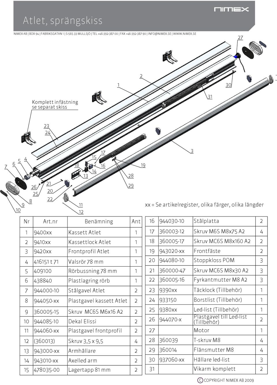Stålgavel Atlet 2 8 944050-xx Plastgavel kassett Atlet 2 9 360005-15 Skruv MC6S M6x16 A2 2 10 944085-10 Dekal Elissi 2 11 944060-xx Plastgavel frontprofil 2 12 (360013) Skruv 3,5 x 9,5 4 13 943000-xx