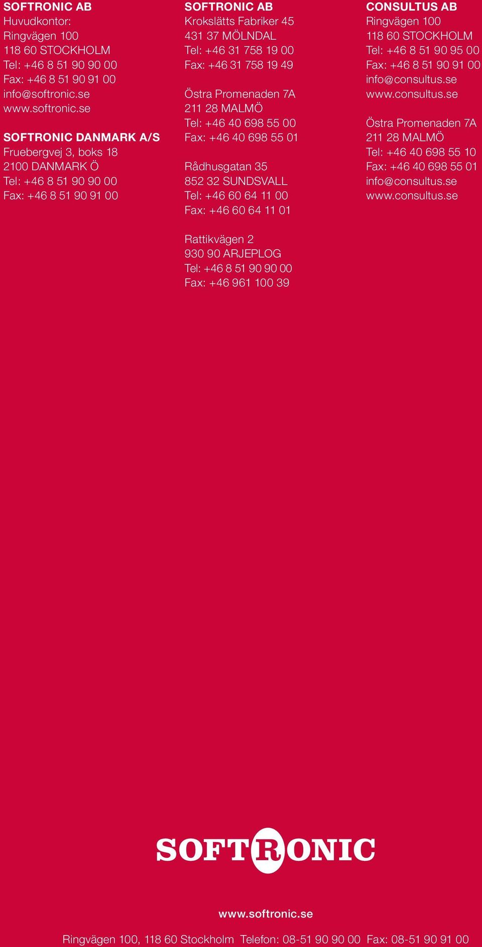 se SOFTRONIC DANMARK A/S Fruebergvej 3, boks 18 2100 DANMARK Ö Tel: +46 8 51 90 90 00 Fax: +46 8 51 90 91 00 SOFTRONIC AB Krokslätts Fabriker 45 431 37 MÖLNDAL Tel: +46 31 758 19 00 Fax: +46 31 758