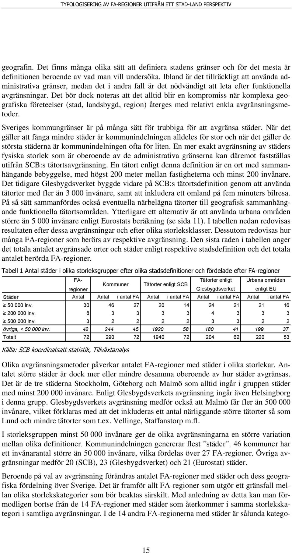 Det bör dock noteras att det alltid blir en kompromiss när komplexa geografiska företeelser (stad, landsbygd, region) återges med relativt enkla avgränsningsmetoder.