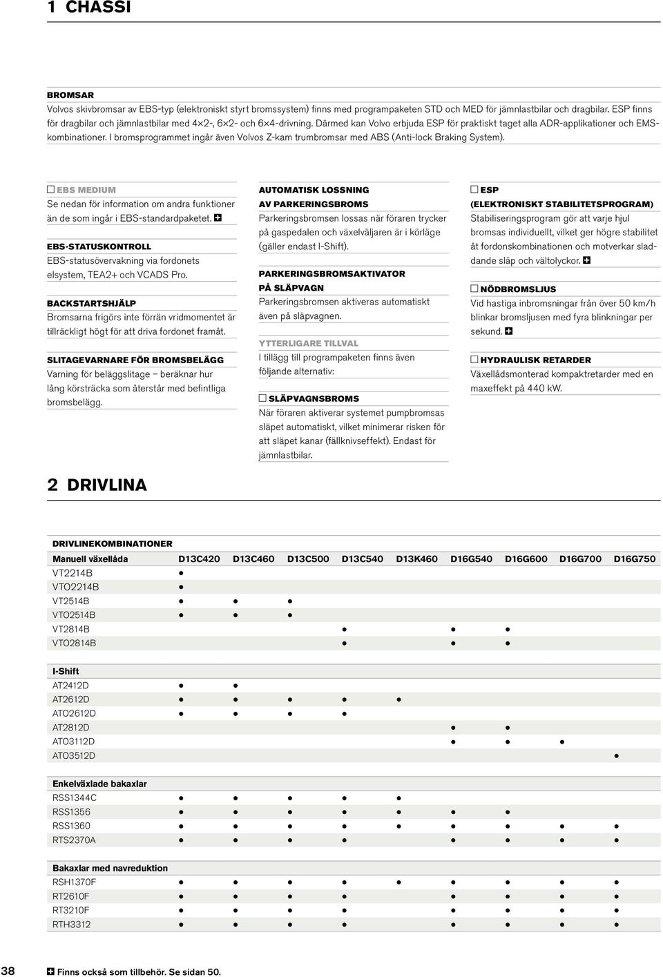 I bromsprogrammet ingår även Volvos Z-kam trumbromsar med ABS (Anti-lock Braking System). EBS MEDIUM Se nedan för information om andra funktioner än de som ingår i EBS-standardpaketet.