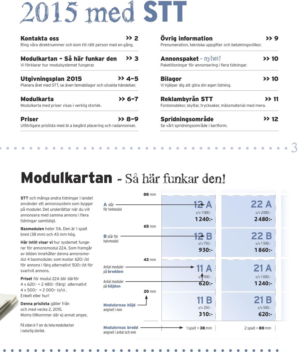 Priser >> Utförligare prislista med bl a begärd placering och radannonser.