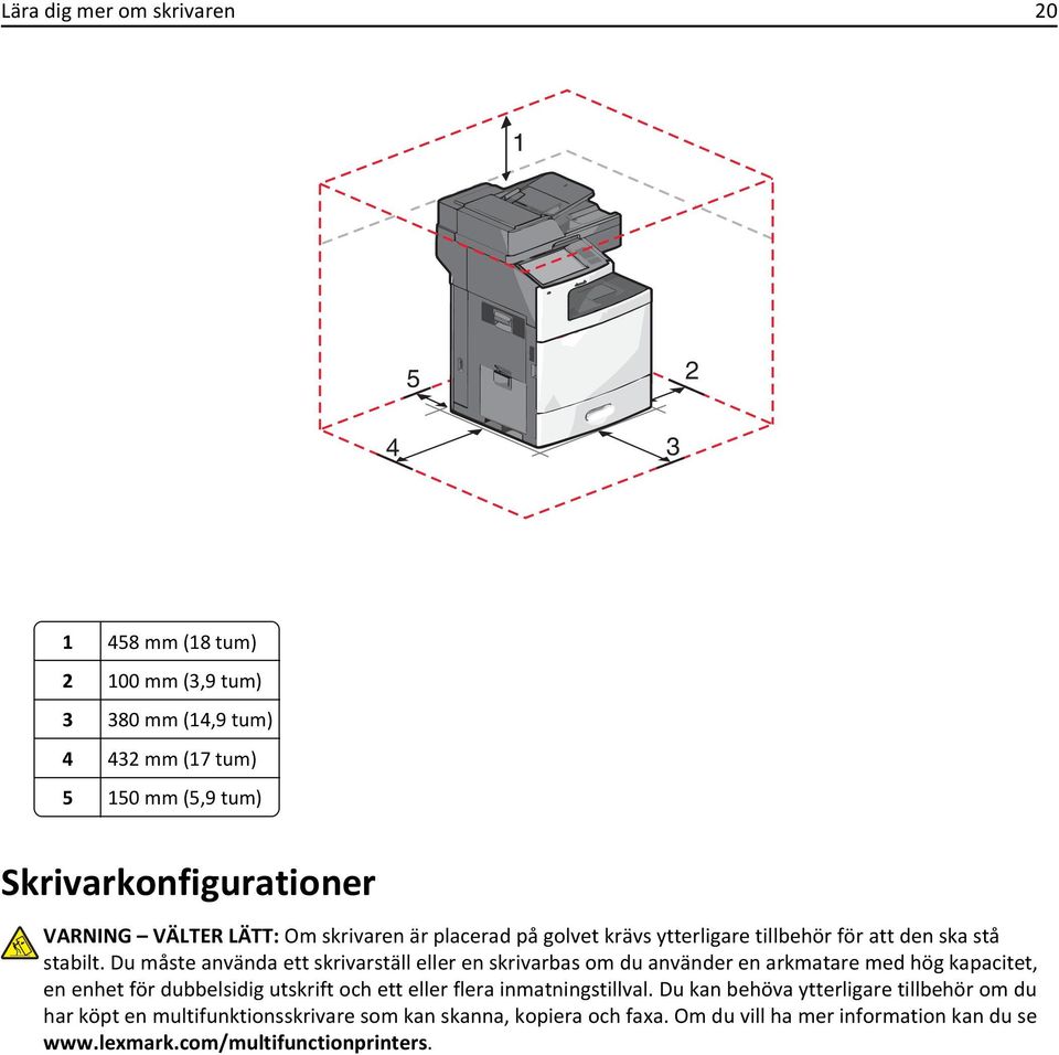 Du måste använda ett skrivarställ eller en skrivarbas om du använder en arkmatare med hög kapacitet, en enhet för dubbelsidig utskrift och ett eller flera