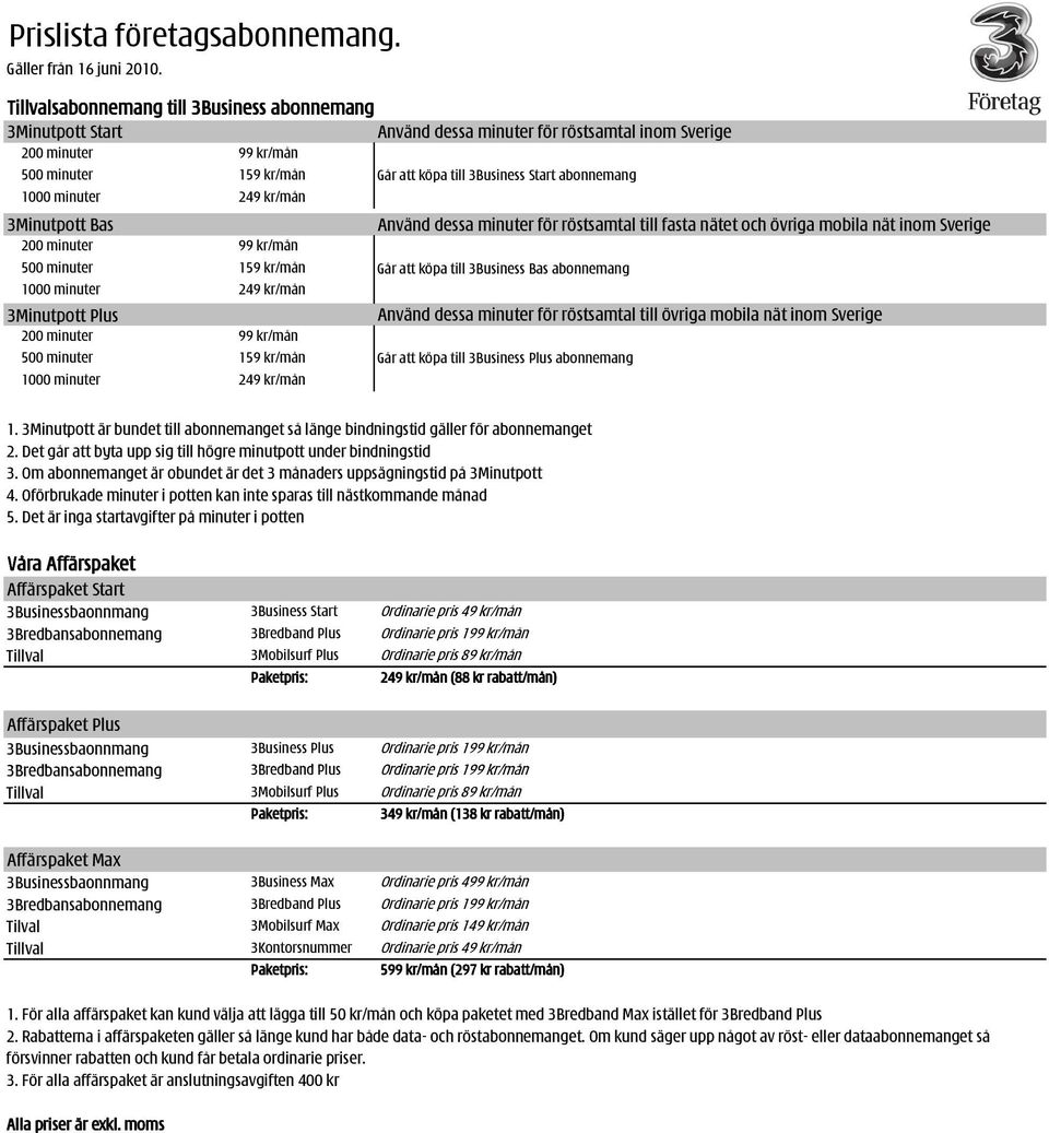 Använd dessa minuter för röstsamtal till fasta nätet och övriga mobila nät inom Sverige Går att köpa till 3Business Bas abonnemang Använd dessa minuter för röstsamtal till övriga mobila nät inom