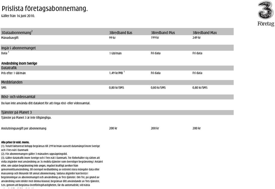 Tjänster på Planet 3 Tjänster på Planet 3 är inte tillgängliga. Anslutningsavgift per abonnemang 200 kr 200 kr 200 kr Alla priser är exkl. moms. (1).