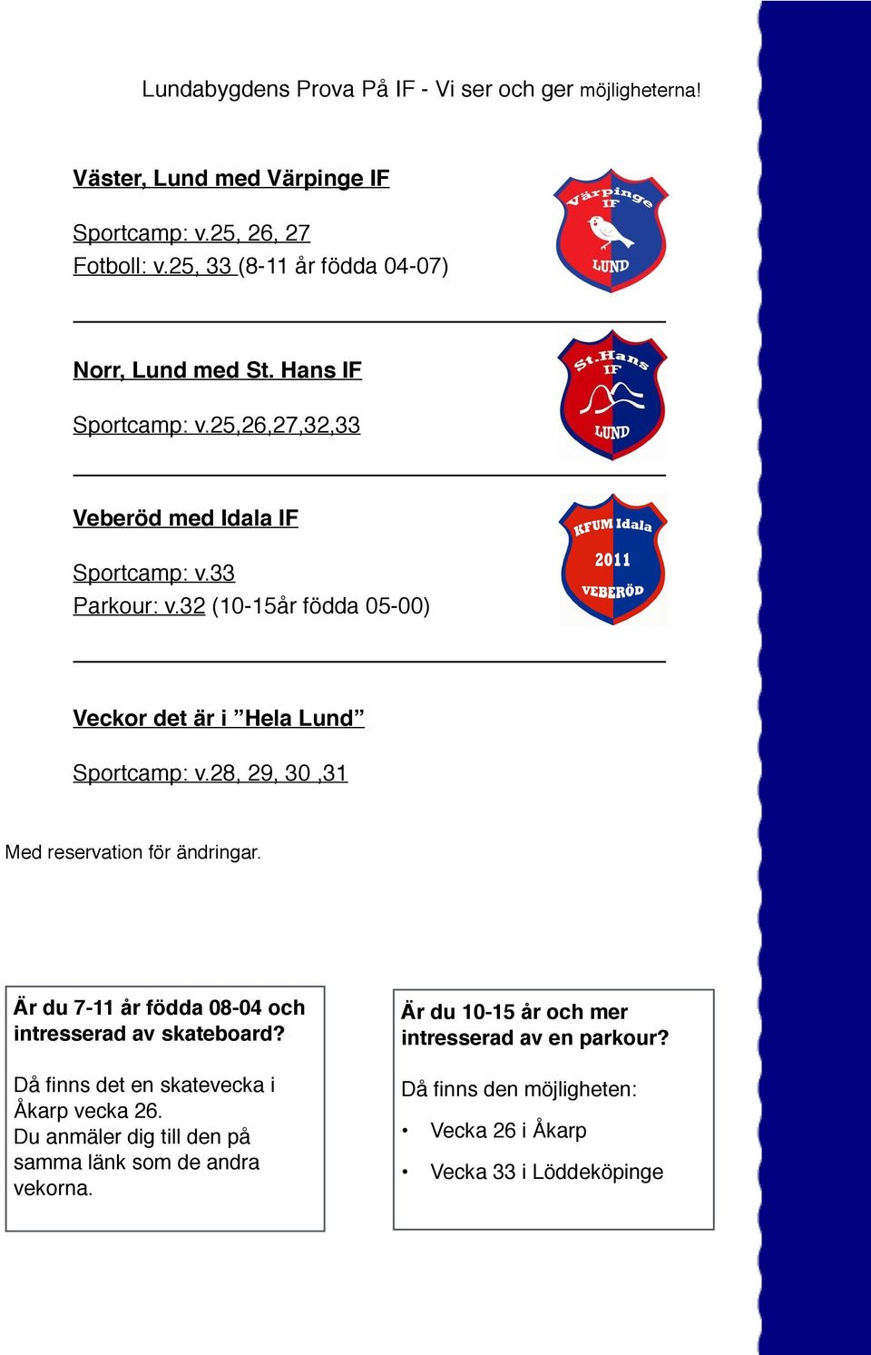 32 (10-15år födda 05-00) Veckor det är i Hela Lund Sportcamp: v.28, 29, 30,31 Med reservation för ändringar.