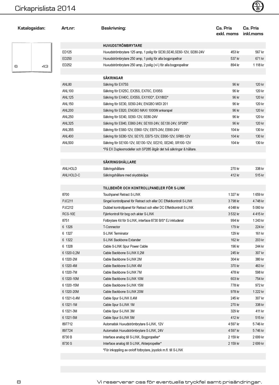 ANL125 Säkring för EX40C, EX55S, EX110D*, EX180D* 96 kr 120 kr ANL150 Säkring för SE30, SE60-24V, ENGBO MIDI 201 96 kr 120 kr ANL200 Säkring för EB20, ENGBO MAXI 1000W ankarspel 96 kr 120 kr ANL250