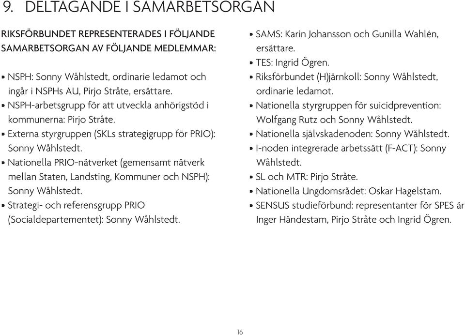 Nationella PRIO-nätverket (gemensamt nätverk mellan Staten, Landsting, Kommuner och NSPH): Sonny Wåhlstedt. Strategi- och referensgrupp PRIO (Socialdepartementet): Sonny Wåhlstedt.