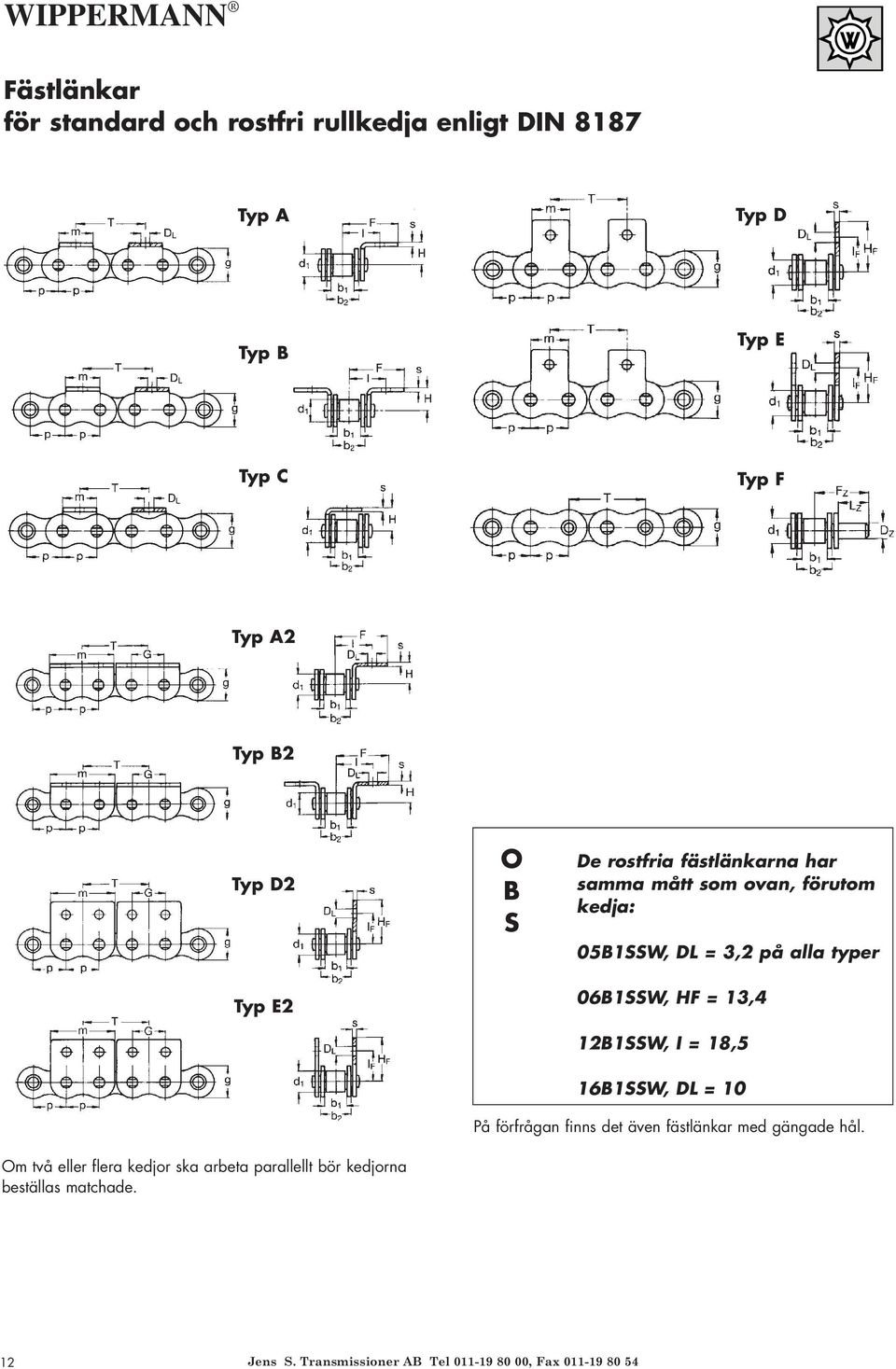 DL = 3,2 på alla typer 06B1SSW, HF = 13,4 12B1SSW, I = 18,5 16B1SSW, DL = 10 På förfrågan finns det även