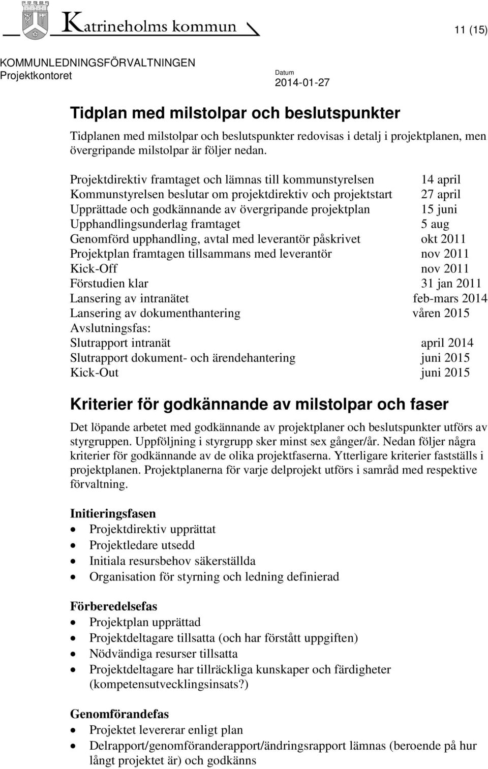 Upphandlingsunderlag framtaget 5 aug Genomförd upphandling, avtal med leverantör påskrivet okt 2011 Projektplan framtagen tillsammans med leverantör nov 2011 Kick-Off nov 2011 Förstudien klar 31 jan