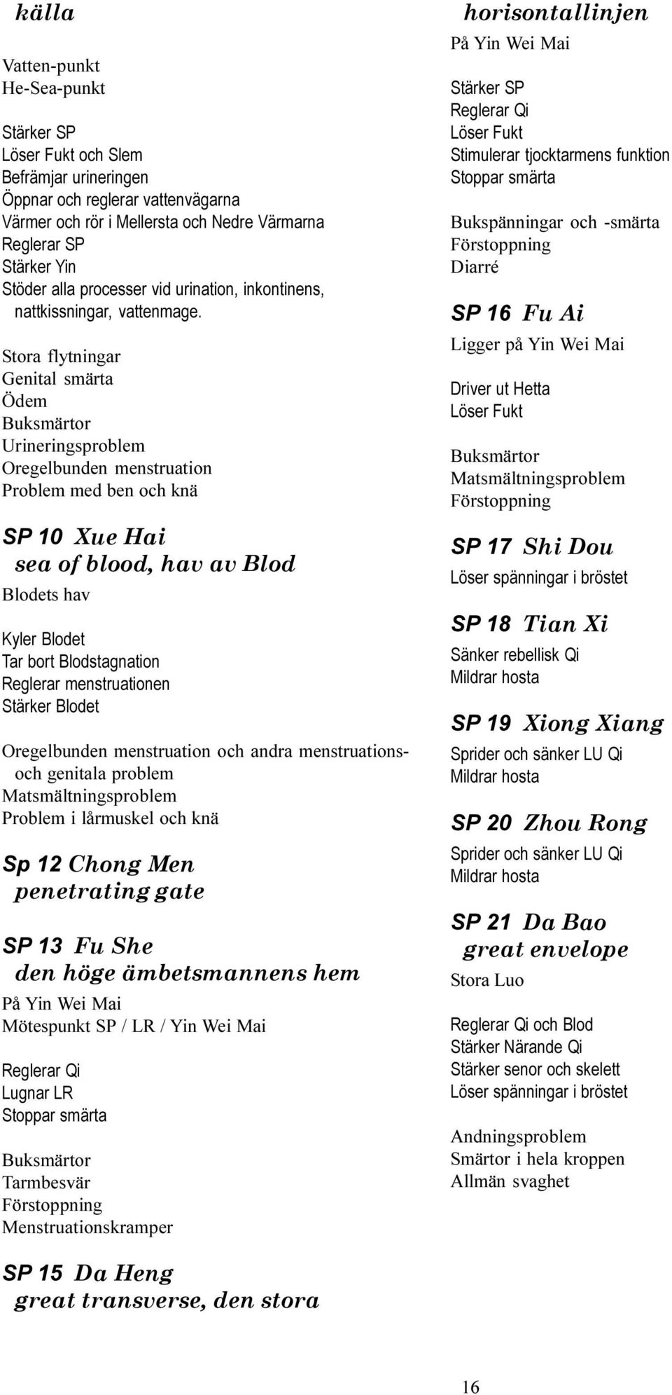 Stora flytningar Genital smärta Ödem Buksmärtor Urineringsproblem Oregelbunden menstruation Problem med ben och knä SP 10 Xue Hai sea of blood, hav av Blod Blodets hav Kyler Blodet Tar bort