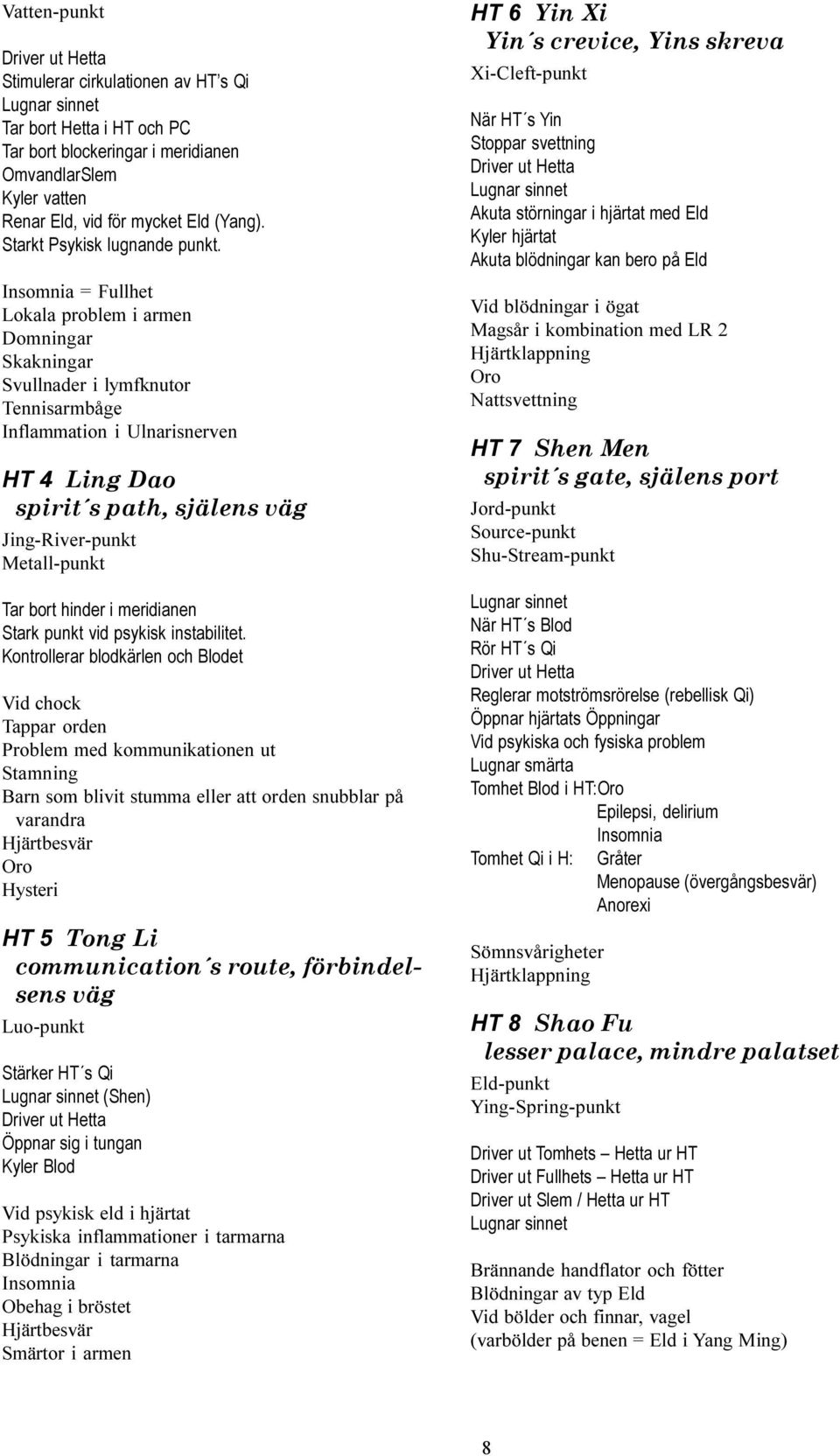 Insomnia = Fullhet Lokala problem i armen Domningar Skakningar Svullnader i lymfknutor Tennisarmbåge Inflammation i Ulnarisnerven HT 4 Ling Dao spirit s path, själens väg Jing-River-punkt