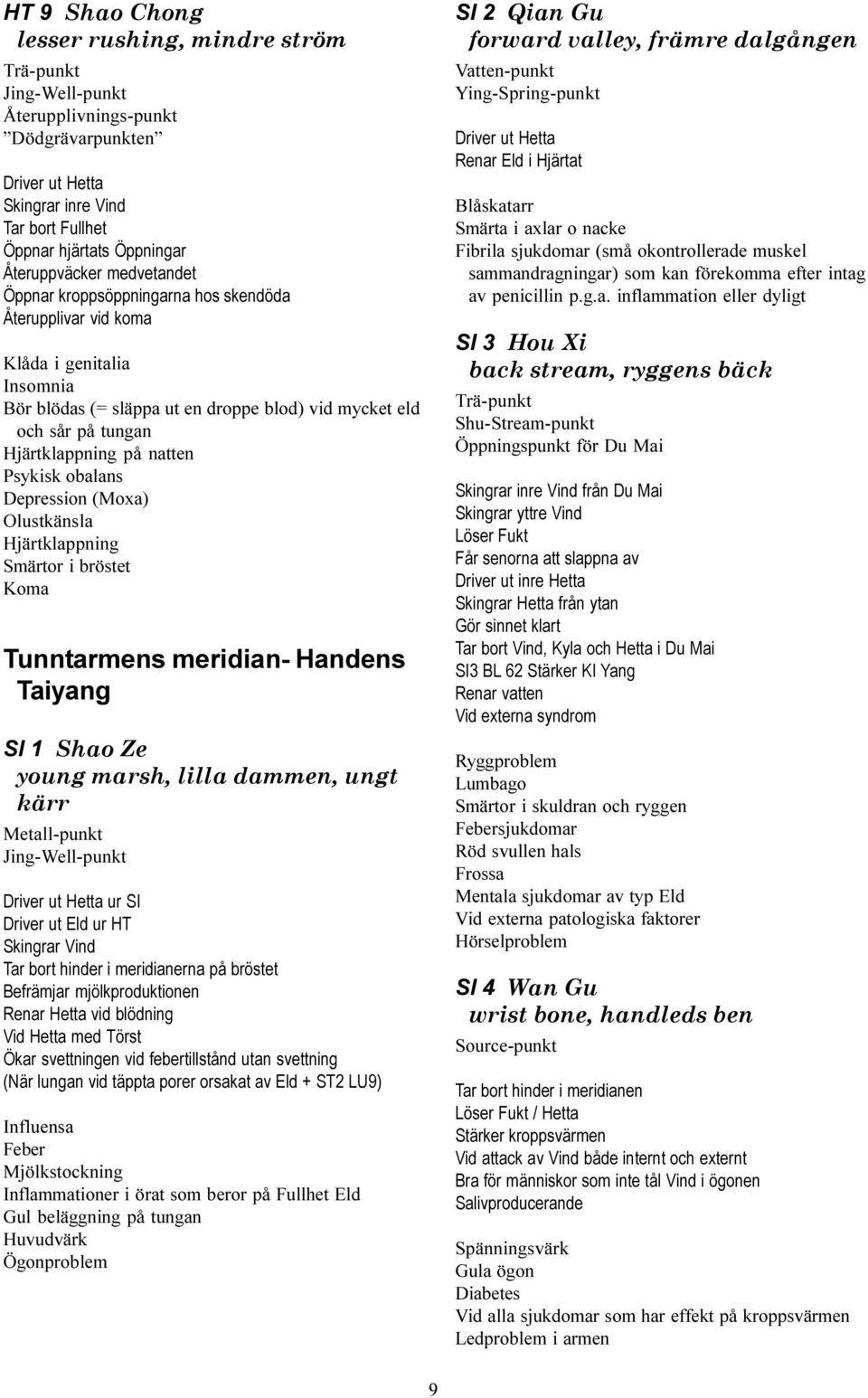 obalans Depression (Moxa) Olustkänsla Hjärtklappning Smärtor i bröstet Koma Tunntarmens meridian- Handens Taiyang SI 1 Shao Ze young marsh, lilla dammen, ungt kärr Metall-punkt Jing-Well-punkt ur SI