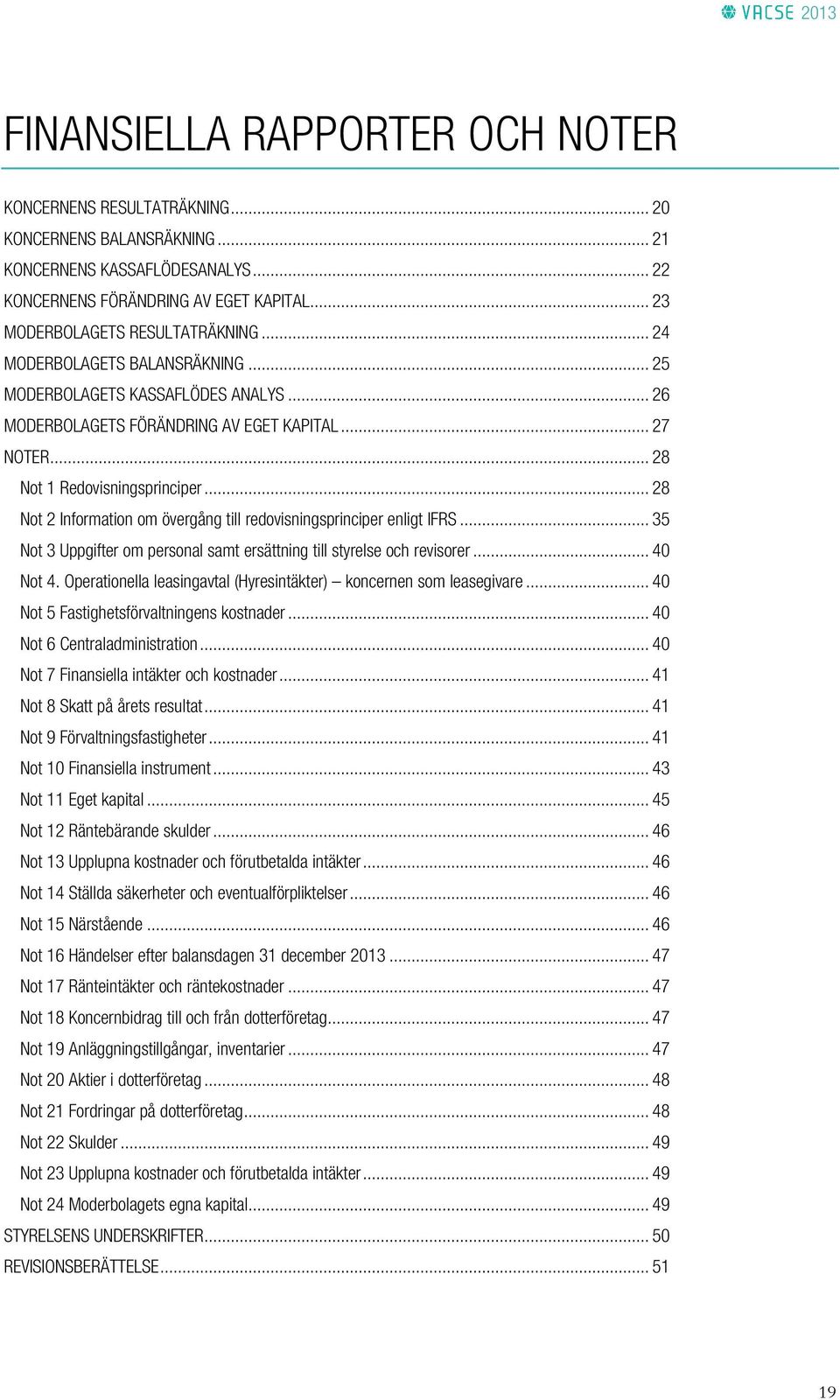 .. 28 Not 2 Information om övergång till redovisningsprinciper enligt IFRS... 35 Not 3 Uppgifter om personal samt ersättning till styrelse och revisorer... 40 Not 4.