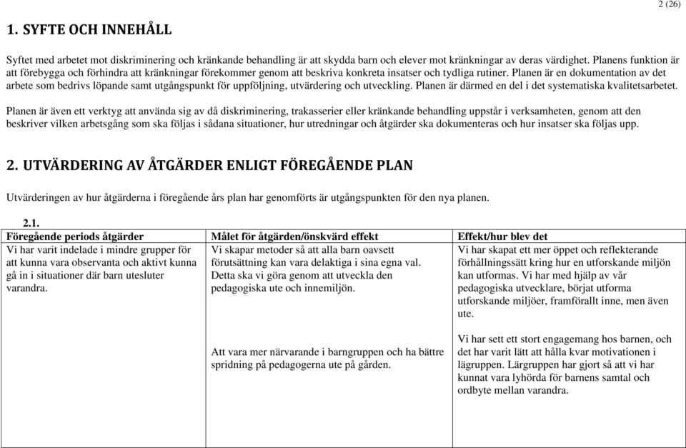 Planen är en dokumentation av det arbete som bedrivs löpande samt utgångspunkt för uppföljning, utvärdering och utveckling. Planen är därmed en del i det systematiska kvalitetsarbetet.