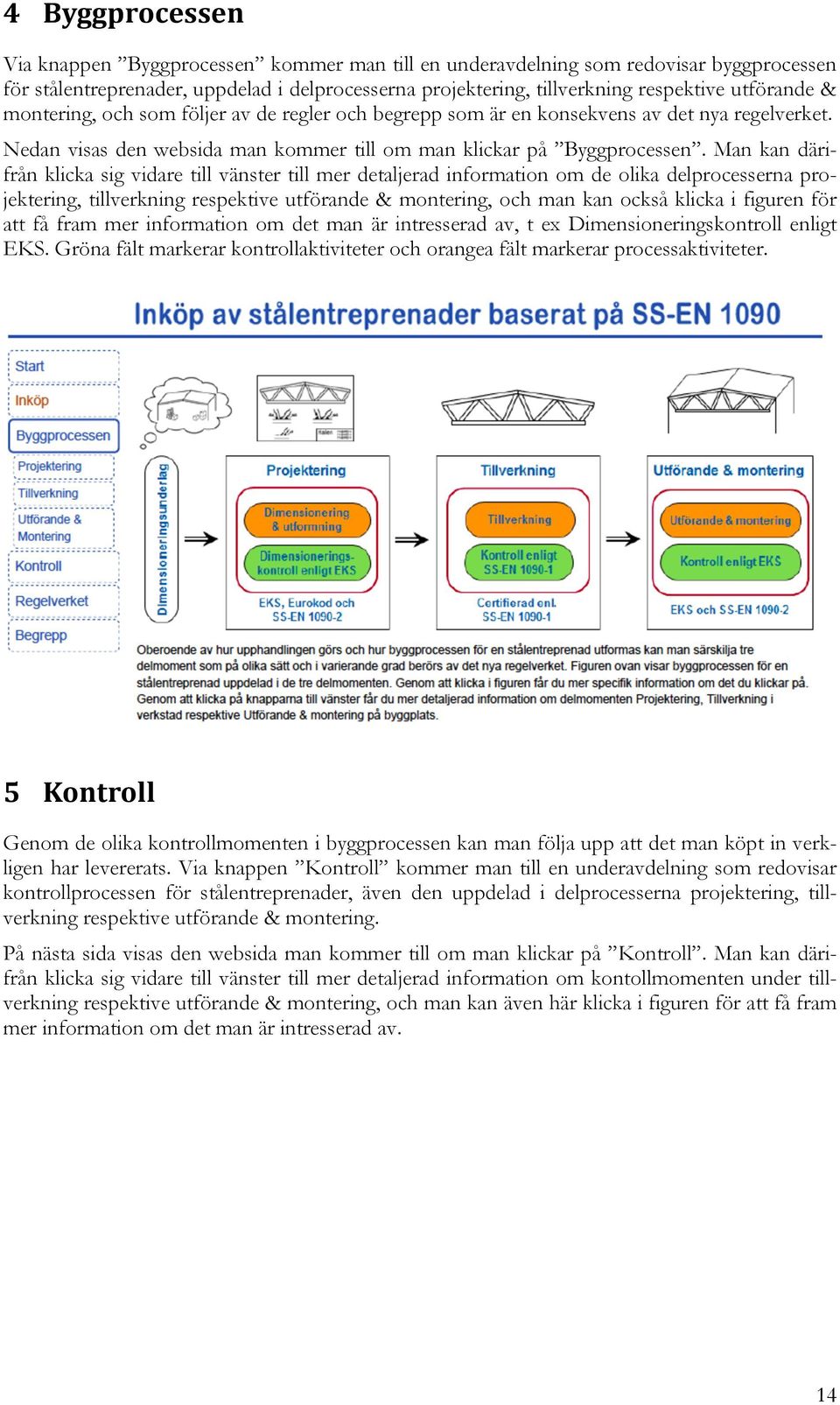 Man kan därifrån klicka sig vidare till vänster till mer detaljerad information om de olika delprocesserna projektering, tillverkning respektive utförande & montering, och man kan också klicka i