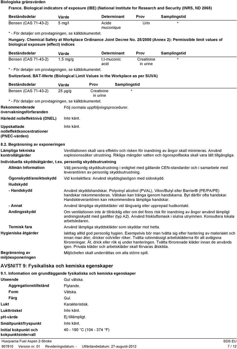 Prov Samplingstid Urin * Hungary. Chemical Safety at Workplace Ordinance Joint Decree No.