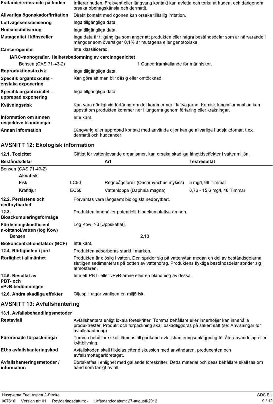 Inga tillgängliga data. Inga data är tillgängliga som anger att produkten eller några beståndsdelar som är närvarande i mängder som överstiger 0,1% är mutagena eller genotoxiska. Inte klassificerad.