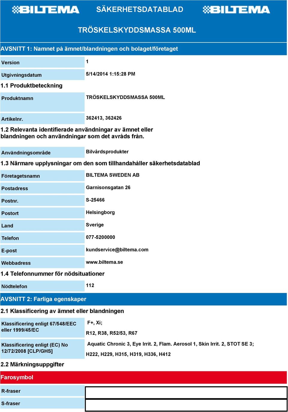 Användningsområde Bilvårdsprodukter 1.3 Närmare upplysningar om den som tillhandahåller säkerhetsdatablad Företagetsnamn BILTEMA SWEDEN AB Postadress Garnisonsgatan 26 Postnr.