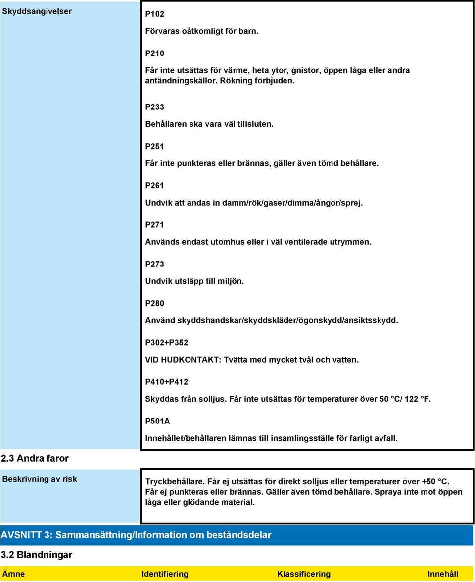 P271 Används endast utomhus eller i väl ventilerade utrymmen. P273 Undvik utsläpp till miljön. P280 Använd skyddshandskar/skyddskläder/ögonskydd/ansiktsskydd.