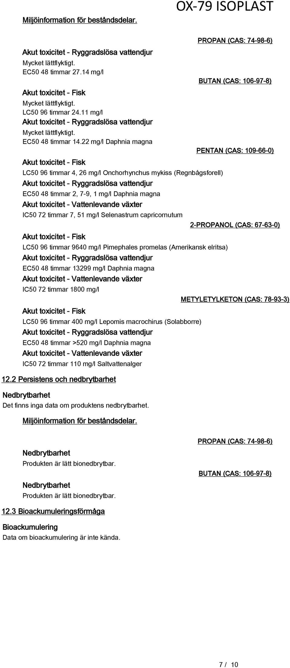 22 mg/l Daphnia magna Akut toxicitet - Fisk LC50 96 timmar 4, 26 mg/l Onchorhynchus mykiss (Regnbågsforell) Akut toxicitet - Ryggradslösa vattendjur EC50 48 timmar 2, 7-9, 1 mg/l Daphnia magna Akut