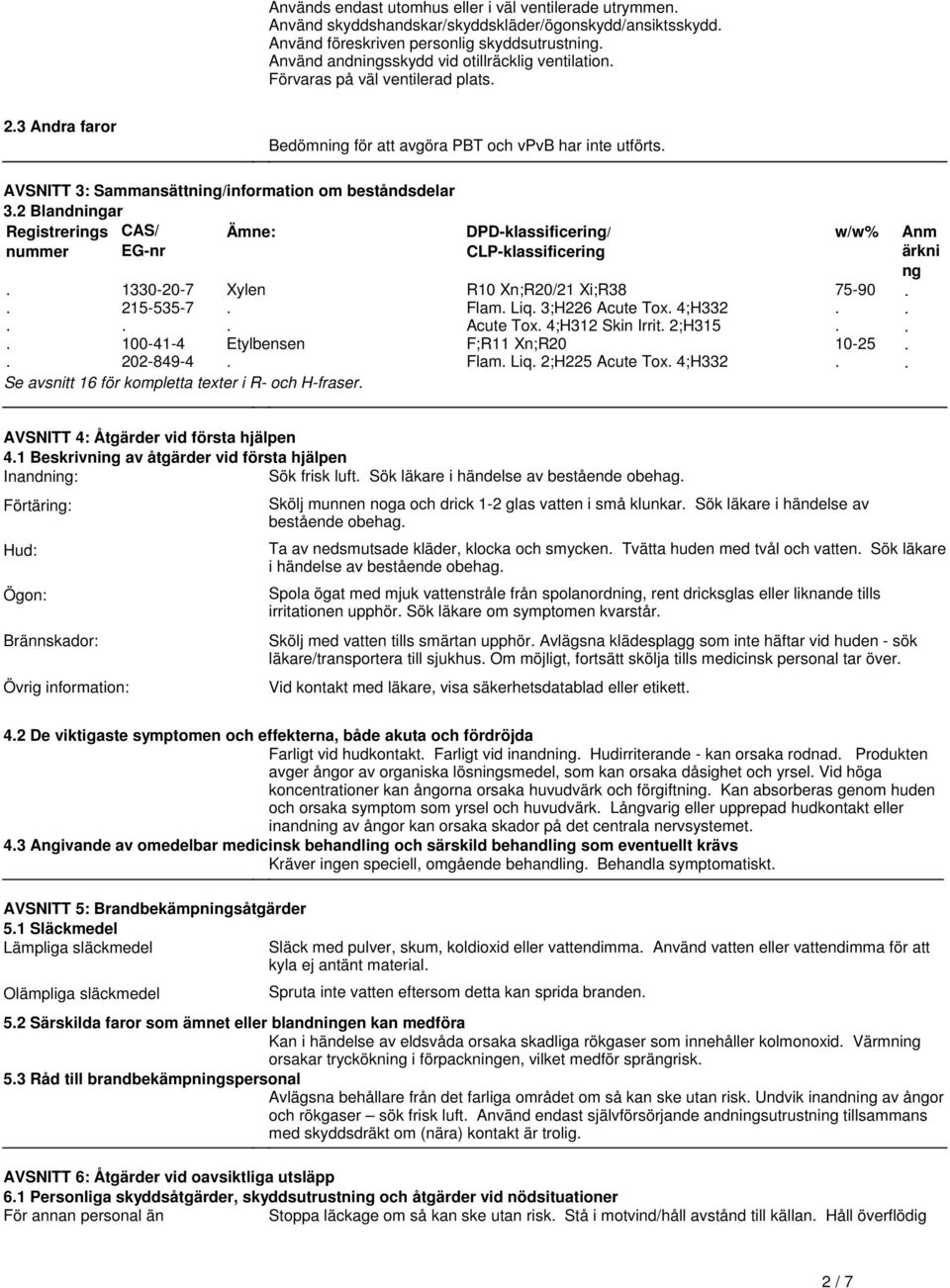 nummer CAS/ EG-nr Ämne: 1330-20-7 215-535-7 100-41-4 202-849-4 Xylen Etylbensen Se avsnitt 16 för kompletta texter i R- och H-fraser DPD-klassificering/ CLP-klassificering R10 Xn;R20/21 Xi;R38 Flam