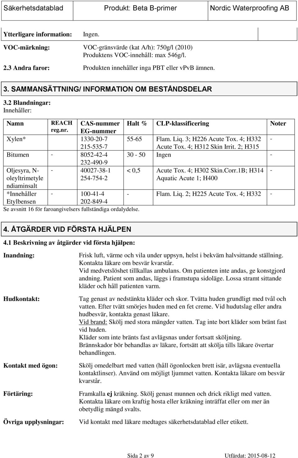 CAS-nummer EG-nummer Xylen* 1330-20-7 215-535-7 Bitumen - 8052-42-4 Oljesyra, N- oleyltrimetyle ndiaminsalt *Innehåller Etylbensen 232-490-9-40027-38-1 254-754-2 Halt % CLP-klassificering Noter 55-65