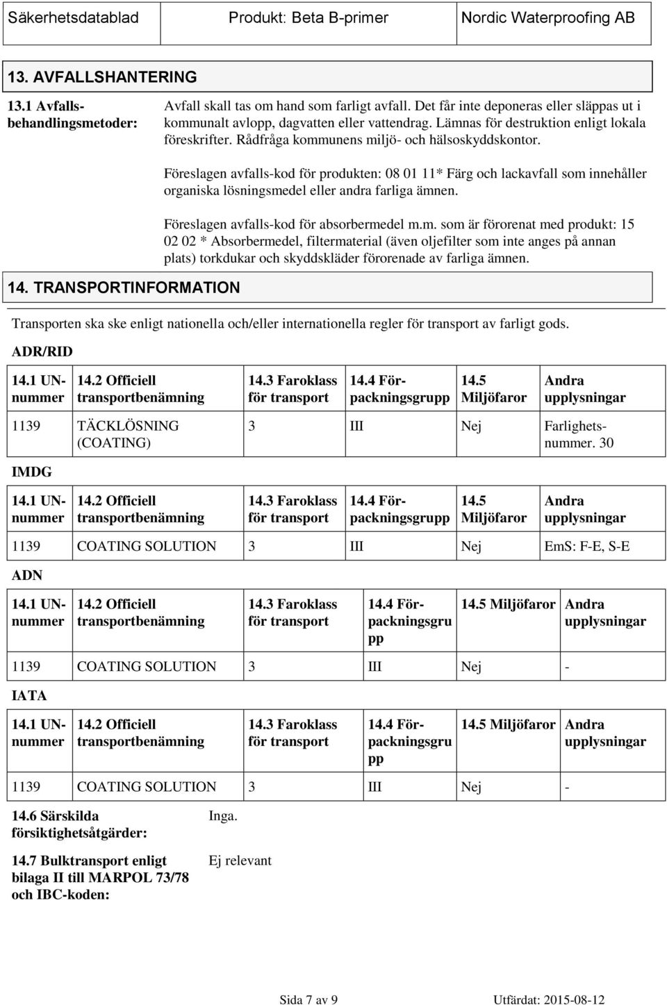 TRANSPORTINFORMATION Föreslagen avfalls-kod för produkten: 08 01 11* Färg och lackavfall som 