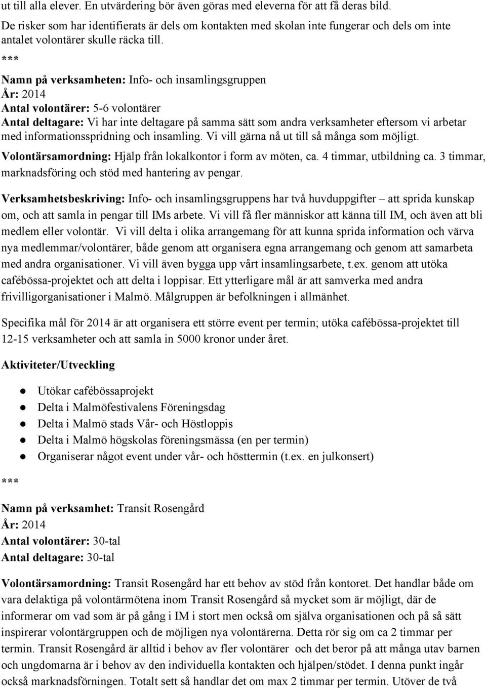 Namn på verksamheten: Info och insamlingsgruppen Antal volontärer: 5 6 volontärer Antal deltagare: Vi har inte deltagare på samma sätt som andra verksamheter eftersom vi arbetar med